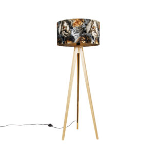 Floor lamp wood with fabric shade flowers 50 cm – Tripod Classic
